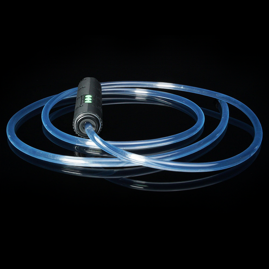 Single-ended RGB Jupiter Rope accessory connected to an RGB Critter BT Light Engine, shown turned off, highlighting its lightweight design for customizing outfits, props, and flow art at festivals like Burning Man.