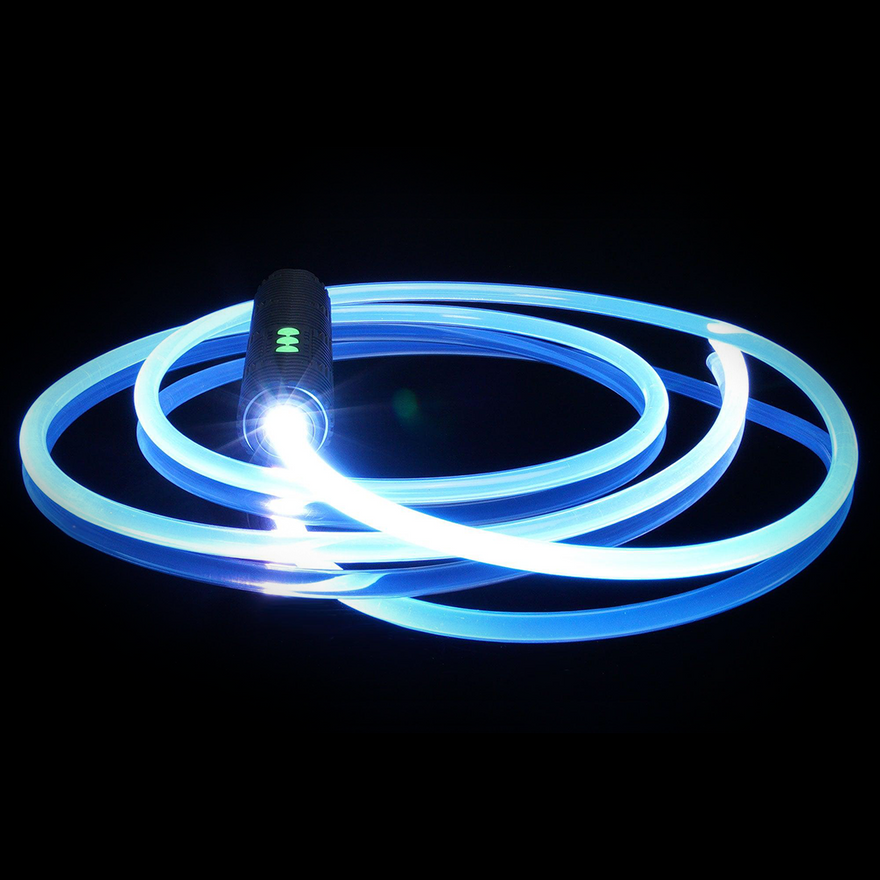 Glowing blue RGB Jupiter Rope connected to an RGB Critter BT flashlight, used for light painting, flow arts, and creative expression at festivals like Burning Man.