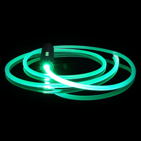 RGB Jupiter Rope accessory glowing green while connected to an RGB Critter BT Light Engine, perfect for immersive flow art, light trails, and performances at festivals like Burning Man