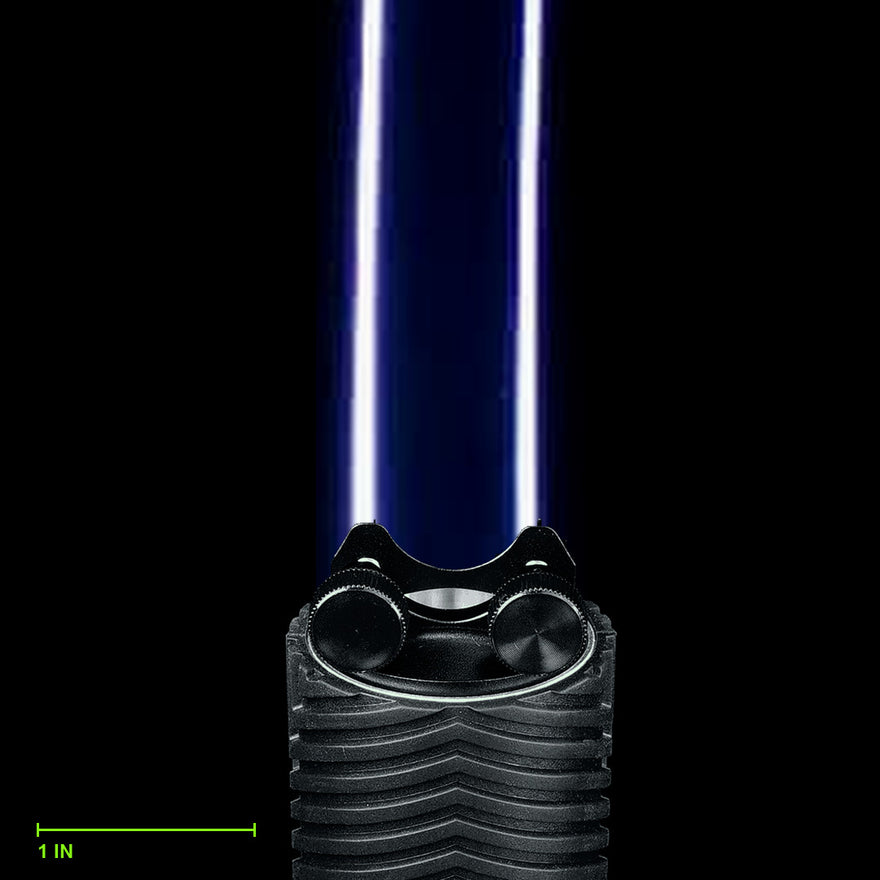 Katana Blade clamped in the Light Painting Blade Holder on an RGB Critter BT Light Engine, thumbscrews tightened, shown to scale. Blade is 18 in (46 cm) long