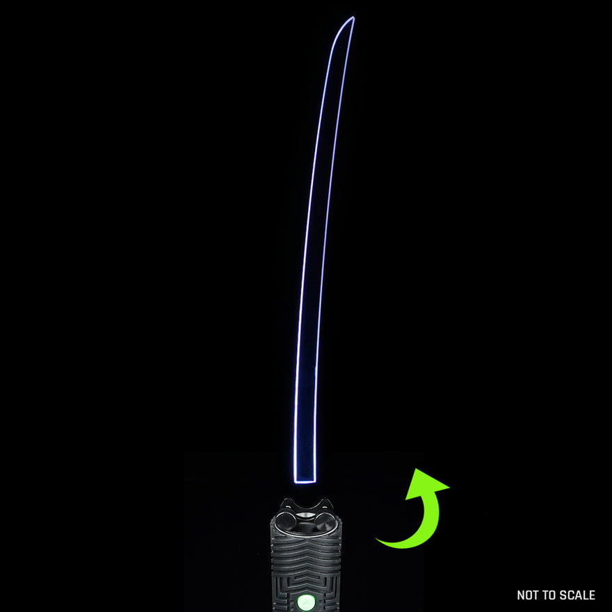 Katana light painting blade with holder adapter attached to RGB Critter, creating long sharp light effects in long exposure photography