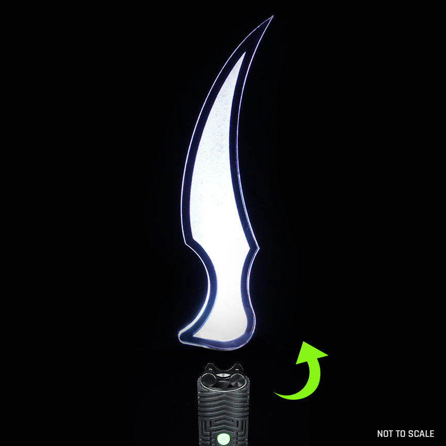 Kunai Pro light painting blade with holder adapter mounted to RGB Critter for sharp, weapon-inspired light trails in long exposure photography