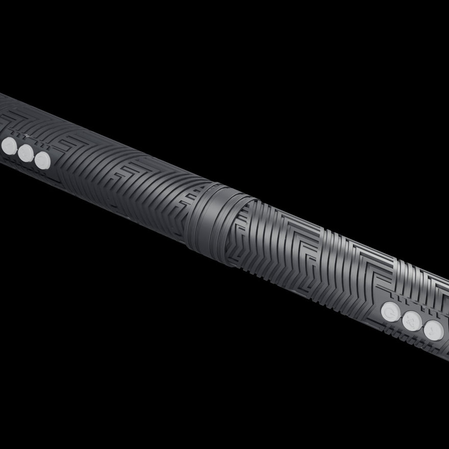 Close-up of the LED Staff Kit center joint: two RGB Critter BT light engines meeting on the Critter Connector, black textured grips and white-lit control buttons