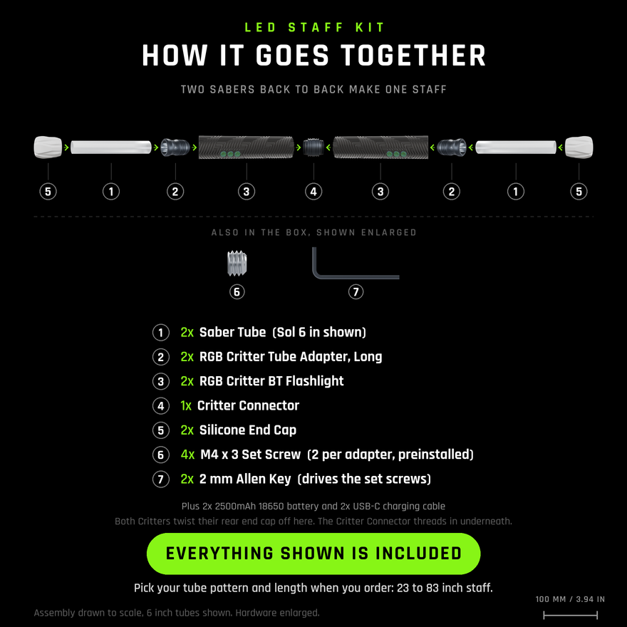 Exploded view to scale: LED Staff Kit. Two RGB Critter BT flashlights join back to back with the Critter Connector, which threads into the saber thread under each flashlight&