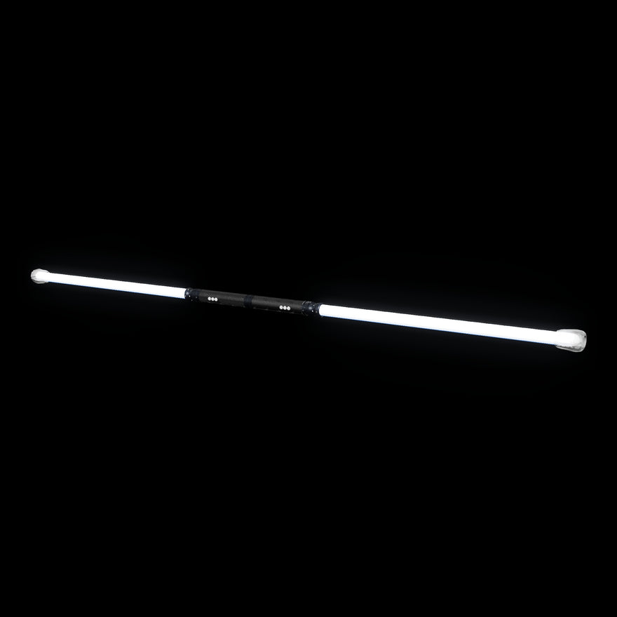 LED Staff Kit turned on: two RGB Critter BT flashlights joined back to back by the Critter Connector, a 24 inch Sol tube glowing bright white on each end, clear silicone flow cap pushed onto both tube tips