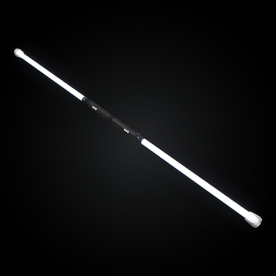 LED Staff Kit turned on: two RGB Critter BT Light Engines joined back to back by the Critter Connector, a 24 inch Sol tube glowing bright white on each end, clear silicone flow cap pushed onto both tube tips