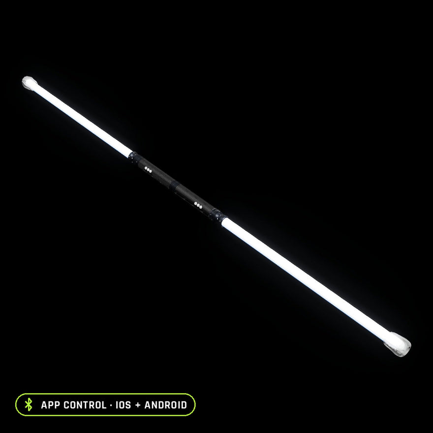 LED Staff Kit turned on: two RGB Critter BT Light Engines joined back to back by the Critter Connector, a 24 inch Sol tube glowing bright white on each end, clear silicone flow cap pushed onto both tube tips