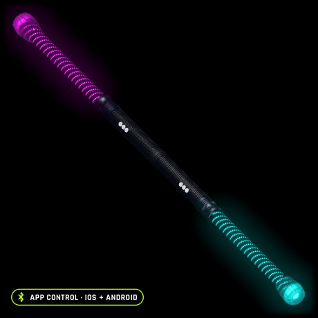 LED Staff Kit with Stellar tubes, lit magenta at one end and cyan at the other, two RGB Critter BT light engines joined back to back, app control on iOS and Android