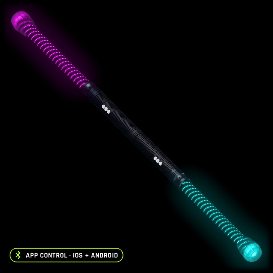LED Staff Kit with Stellar tubes, lit magenta at one end and cyan at the other, two RGB Critter BT light engines joined back to back, app control on iOS and Android