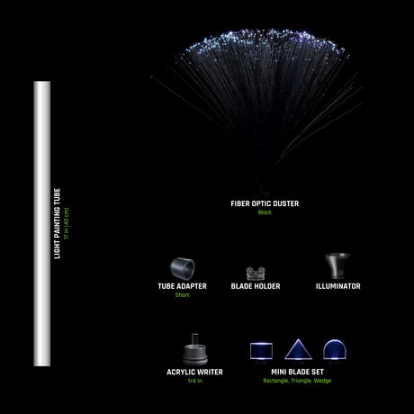 Light Painting Tool Pack parts labelled: Light Painting Tube 17 in (43 cm), Fiber Optic Duster black, Tube Adapter short, Blade Holder, Illuminator, Acrylic Writer 1/4 in, Mini Blade Set