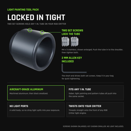 Light Painting Tool Pack (No Light): the RGB Critter Tube Adapter Short locks any 1 inch tube with two M4 set screws, 2 mm Allen key included; aircraft-grade black anodized aluminum, solid body with no light ports, twists onto any RGB Critter.