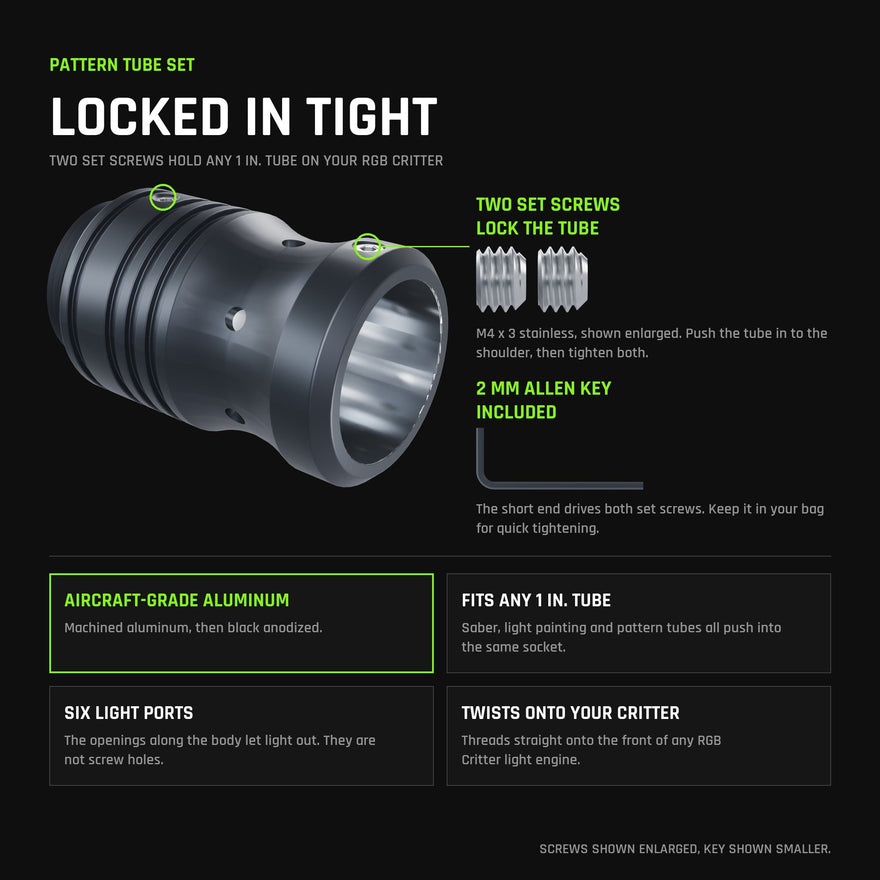 The RGB Critter Tube Adapter Long locks any 1 inch tube with two M4 set screws, 2 mm Allen key included; aircraft-grade black anodized aluminum, six light ports, twists onto any RGB Critter.