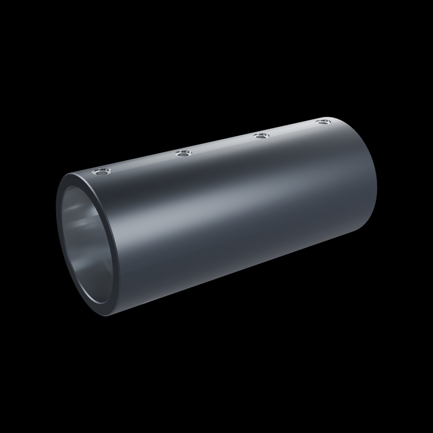 Modular Saber Tube Connector on black, three-quarter view: matte anodized black 6061 barrel with a polished bare aluminium bore and all four M5 x 0.8 x 4 stainless set screws installed, two per side.