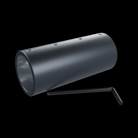 What ships: the Modular Saber Tube Connector with all four M5 x 0.8 x 4 stainless set screws preinstalled, two per side, and the 2.5 mm blackened steel Allen key that drives them.