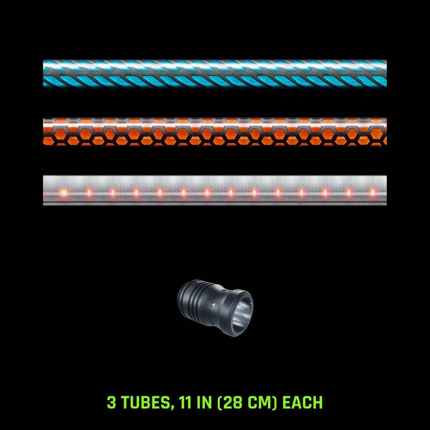 Pattern Tube Set, 11 in (28 cm): Butterfly, Honeycomb and Dots Combo light painting tubes with an RGB Critter Tube Adapter, drawn to scale