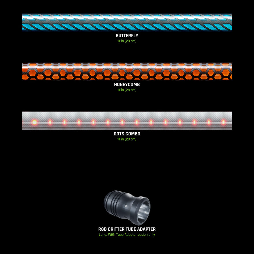 Pattern Tube Set labelled: Butterfly, Honeycomb and Dots Combo, each 11 in (28 cm), plus the RGB Critter Tube Adapter (long) on the With Tube Adapter option