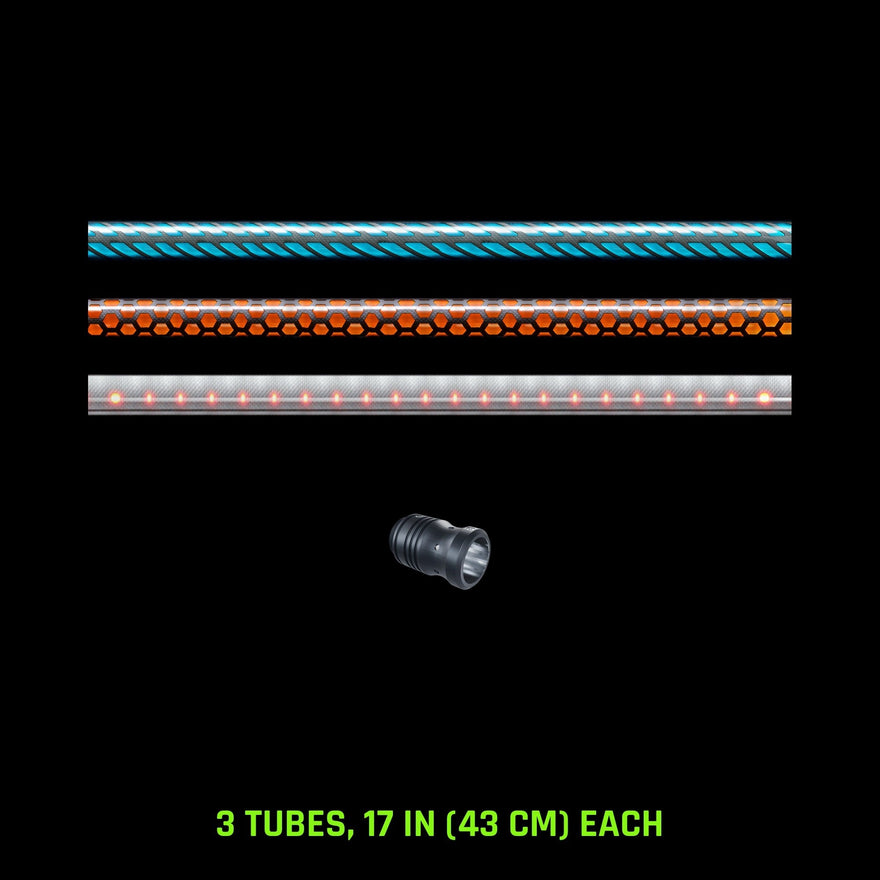 Pattern Tube Set, 17 in (43 cm): Butterfly, Honeycomb and Dots Combo light painting tubes with an RGB Critter Tube Adapter, drawn to scale