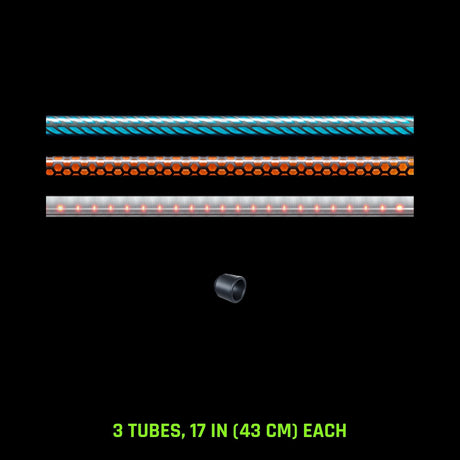 Pattern Tube Set, 17 in (43 cm): Butterfly, Honeycomb and Dots Combo light painting tubes with an RGB Critter Tube Adapter, drawn to scale
