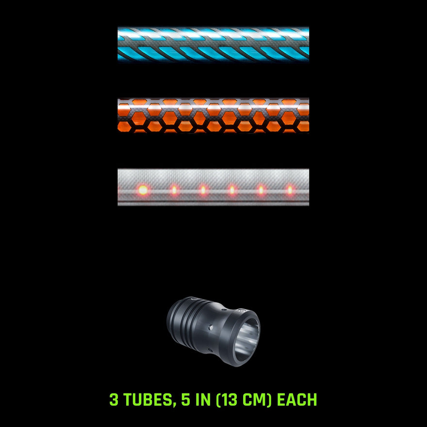 Pattern Tube Set, 5 in (13 cm): Butterfly, Honeycomb and Dots Combo light painting tubes with an RGB Critter Tube Adapter, drawn to scale
