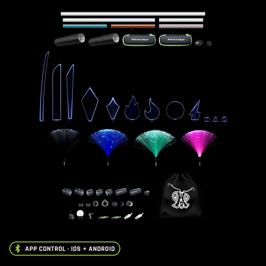 Everything included in the Light Painting Pro Kit, organized to scale: 49 tools. Two RGB Critter BT Light Engines, six Light Painting Tubes (36, 23 and 11 inch plain, plus 11 inch Butterfly, Honeycomb and Dots Combo), ten blades, four Fiber Optic Dusters, tube adapters, connectors and end cap, Sparkler and Small Tube Holders, DIY Connector, Tripod Mount and LPB Adapters, Acrylic Writer, Orb, Illuminator, two batteries, two USB-C cables, two travel cases and a pull-string bag.