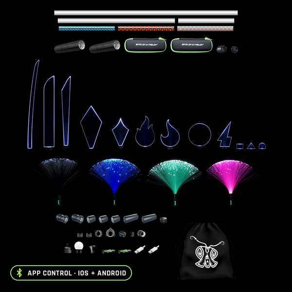 Everything included in the Light Painting Pro Kit, organized to scale: 49 tools. Two RGB Critter BT Light Engines, six Light Painting Tubes (36, 23 and 11 inch plain, plus 11 inch Butterfly, Honeycomb and Dots Combo), ten blades, four Fiber Optic Dusters, tube adapters, connectors and end cap, Sparkler and Small Tube Holders, DIY Connector, Tripod Mount and LPB Adapters, Acrylic Writer, Orb, Illuminator, two batteries, two USB-C cables, two travel cases and a pull-string bag.