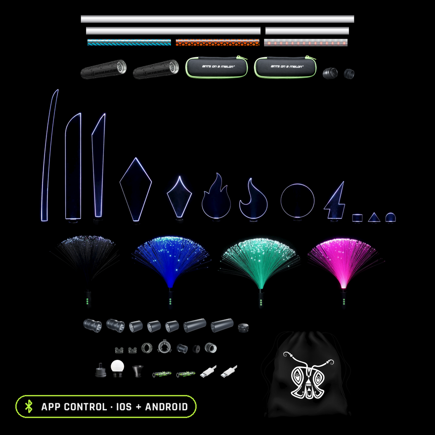 Everything included in the Light Painting Pro Kit, organized to scale: 49 tools. Two RGB Critter BT Light Engines, six Light Painting Tubes (36, 23 and 11 inch plain, plus 11 inch Butterfly, Honeycomb and Dots Combo), ten blades, four Fiber Optic Dusters, tube adapters, connectors and end cap, Sparkler and Small Tube Holders, DIY Connector, Tripod Mount and LPB Adapters, Acrylic Writer, Orb, Illuminator, two batteries, two USB-C cables, two travel cases and a pull-string bag.