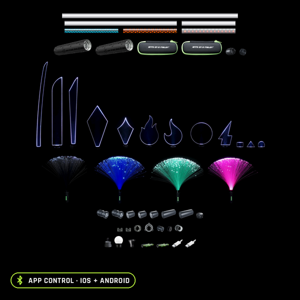 Everything included in the Light Painting Pro Kit, organized to scale: 49 tools. Two RGB Critter BT Light Engines, six Light Painting Tubes (36, 23 and 11 inch plain, plus 11 inch Butterfly, Honeycomb and Dots Combo), ten blades, four Fiber Optic Dusters, tube adapters, connectors and end cap, Sparkler and Small Tube Holders, DIY Connector, Tripod Mount and LPB Adapters, Acrylic Writer, Orb, Illuminator, two batteries, two USB-C cables and two travel cases.
