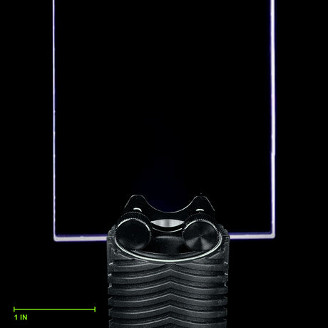 Rectangle Blade clamped in the Light Painting Blade Holder on an RGB Critter BT Light Engine, thumbscrews tightened, shown to scale. Blade is 8 in (20 cm) long