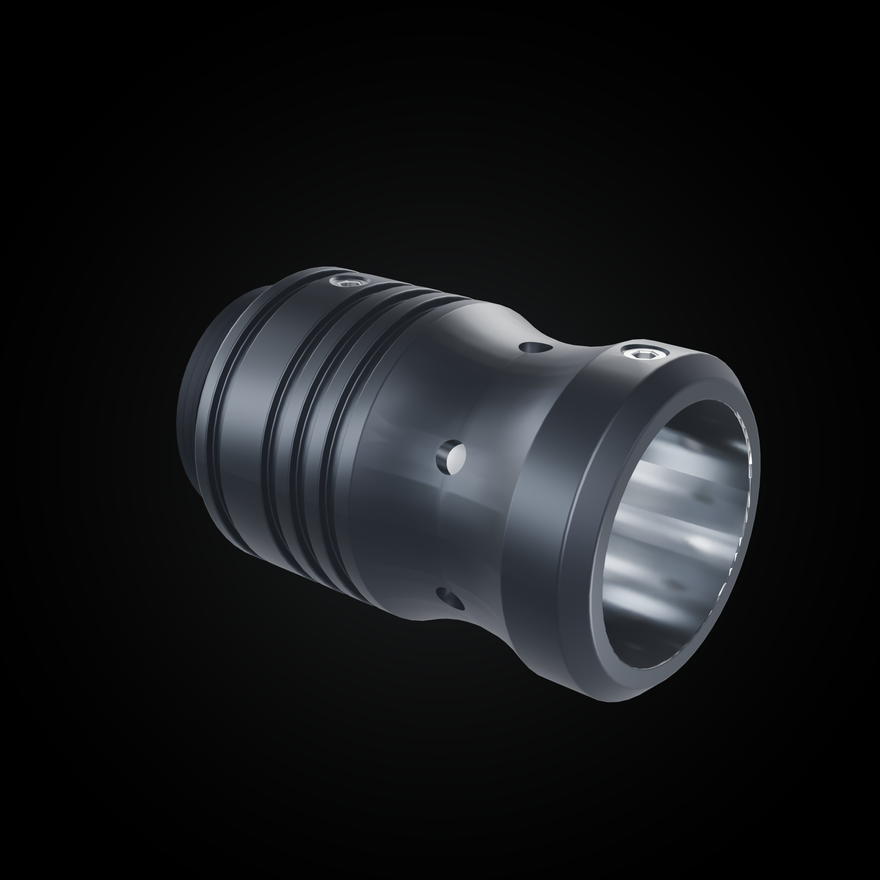 RGB Critter Tube Adapter Long, anodized black aluminum with a polished bare aluminum bore, both stainless set screws installed