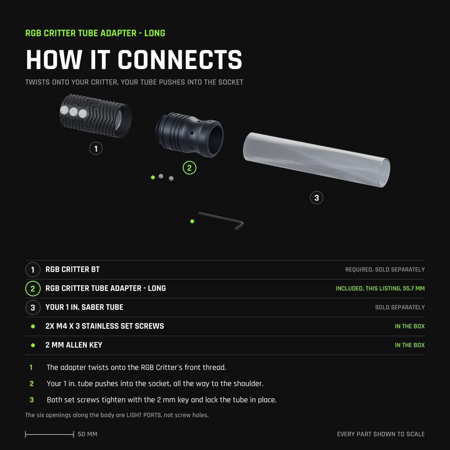 Exploded view to scale: the RGB Critter Tube Adapter - Long twists onto the RGB Critter's front thread, a 1 inch saber tube pushes into its socket, and the two included M4 x 3 stainless set screws lock it with the included 2 mm Allen key.