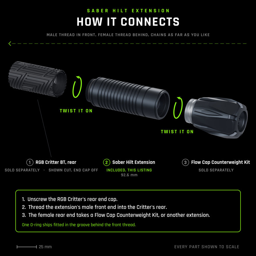 Exploded view to scale: the Saber Hilt Extension threads its male front end into the RGB Critter&
