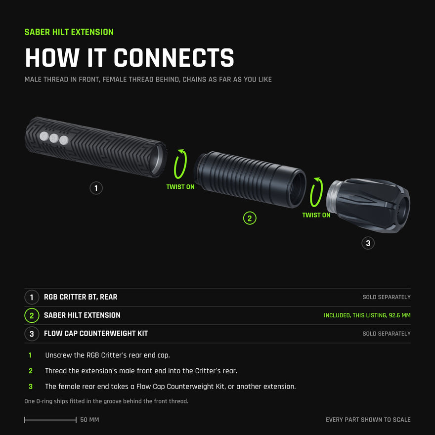 Exploded view to scale: the Saber Hilt Extension threads its male front end into the RGB Critter's rear, and its female rear end accepts a Flow Cap Counterweight Kit, or another extension.