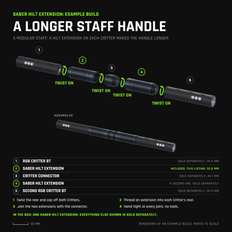 Rendering of an example build, every part to scale: a modular staff made of two RGB Critter BTs, each with a Saber Hilt Extension to make the handle longer, joined in the middle by a Critter Connector. This listing includes one Saber Hilt Extension; the Critters, the Critter Connector and the second extension are sold separately.