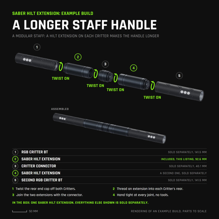Rendering of an example build, every part to scale: a modular staff made of two RGB Critter BTs, each with a Saber Hilt Extension to make the handle longer, joined in the middle by a Critter Connector. This listing includes one Saber Hilt Extension; the Critters, the Critter Connector and the second extension are sold separately.