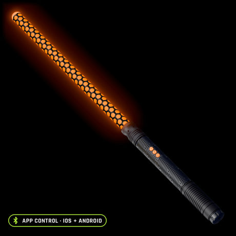 Saber Kit in the Honeycomb pattern, lit orange: Honeycomb saber tube on the RGB Critter BT light engine hilt, controlled from the app on iOS and Android