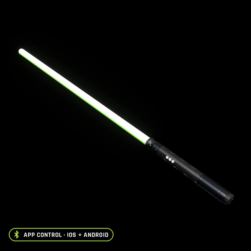Sol Saber Kit as it ships, glowing green with the white Saber Twist-On Cap on the tip, RGB Critter Tube Adapter, RGB Critter BT, Saber Hilt Extension and Modular End Cap. App control on iOS and Android.