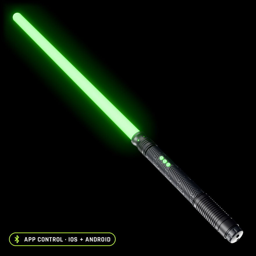Sol Saber Kit as it ships, lit green: white Saber Twist-On Cap on the tip, RGB Critter Tube Adapter Long, RGB Critter BT, one Saber Hilt Extension and the Modular End Cap. App control on iOS and Android.