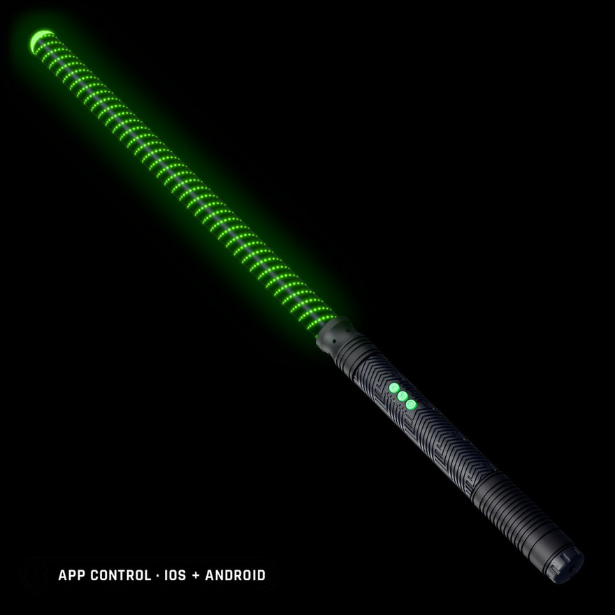 Saber Kit in the Stellar pattern, lit green: Stellar saber tube on the RGB Critter BT light engine hilt, controlled from the app on iOS and Android