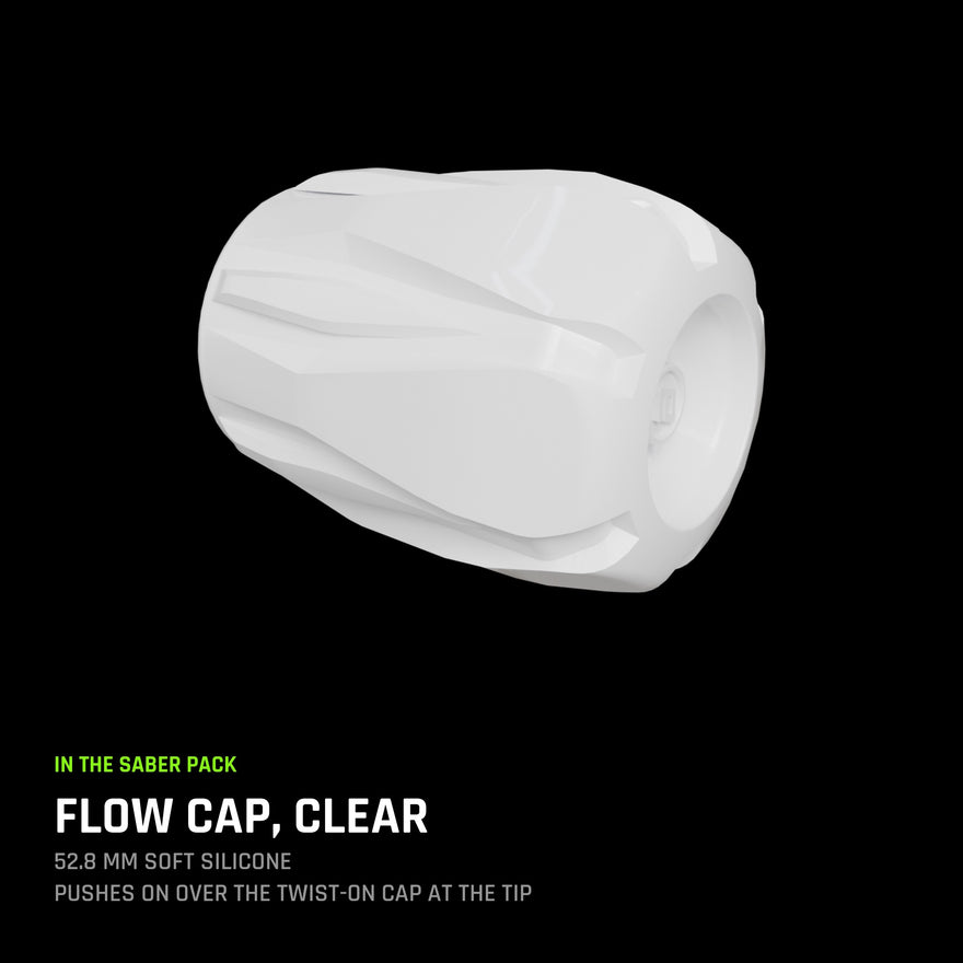Flow Cap, Clear: 52.8 mm soft silicone, pushes on over the Twist-On Cap at the tip.