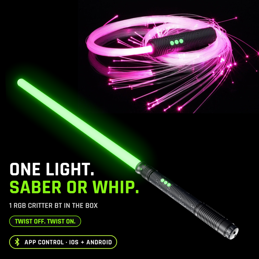 Saber and whip combo: one RGB Critter BT that twists off the green-lit saber and onto the fiber optic whip. Twist off, twist on. App control on iOS and Android.