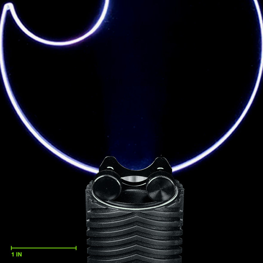 Solar Flare Blade clamped in the Light Painting Blade Holder on an RGB Critter BT Light Engine, thumbscrews tightened, shown to scale. Blade is 7 in (17 cm) long
