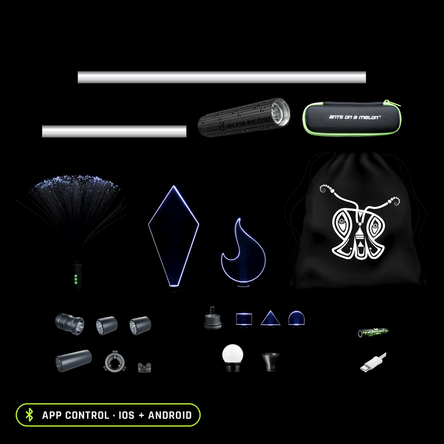 Everything included in the Light Painting Starter Kit, organized to scale: RGB Critter BT Light Engine, 24 and 12 inch Light Painting Tubes, Critter Tube Adapter, two Modular Saber Tube Adapters, Modular Saber Tube Connector, Blade Holder, Mini Blade Set, Crown Jewel and Solar Flare blades, black Fiber Optic Duster, Acrylic Writer, Orb, Illuminator, Small Tube Holder, battery, USB-C cable, travel case and pull-string bag.
