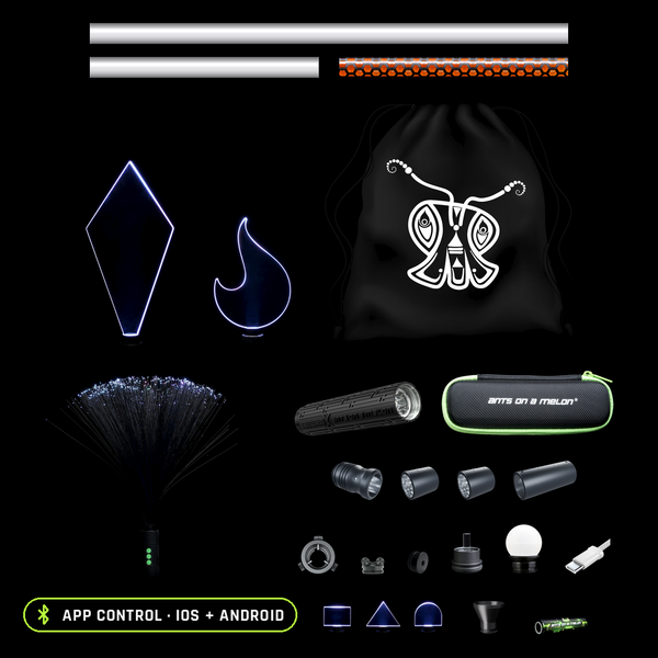 Everything included in the Light Painting Starter Kit, organized to scale: RGB Critter BT Light Engine, 23 and 11 inch Light Painting Tubes, an 11 inch Honeycomb Light Painting Tube, Critter Tube Adapter, two Modular Saber Tube Adapters, Modular Saber Tube Connector, Tripod Mount Adapter, Blade Holder, Mini Blade Set, Crown Jewel and Solar Flare blades, black Fiber Optic Duster, Acrylic Writer, Orb, Illuminator, Small Tube Holder, battery, USB-C cable, travel case and pull-string bag.