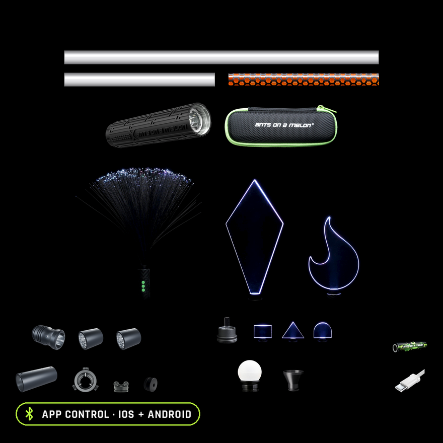 Everything included in the Light Painting Starter Kit, organized to scale: RGB Critter BT Light Engine, 23 and 11 inch Light Painting Tubes, an 11 inch Honeycomb Light Painting Tube, Critter Tube Adapter, two Modular Saber Tube Adapters, Modular Saber Tube Connector, Tripod Mount Adapter, Blade Holder, Mini Blade Set, Crown Jewel and Solar Flare blades, black Fiber Optic Duster, Acrylic Writer, Orb, Illuminator, Small Tube Holder, battery, USB-C cable and travel case.