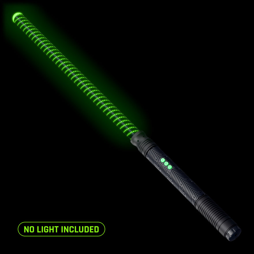 Stellar saber tube lit green, shown on an RGB Critter BT light engine. No light included; it runs on the Critter you already own.