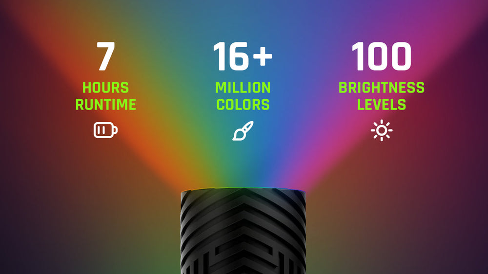 RGB Critter BT flashlight projecting rainbow light beams - the brightest RGB flashlight for light painting