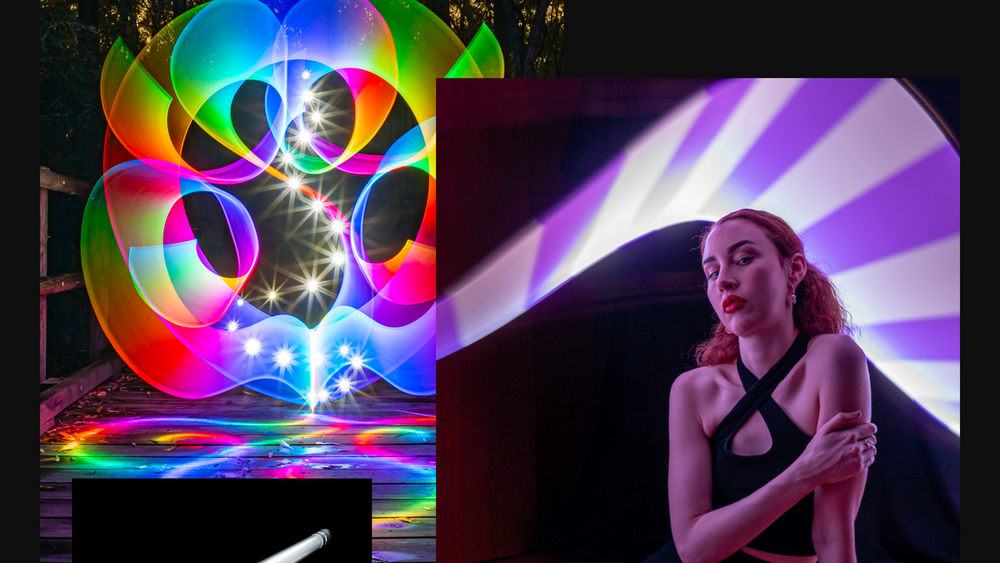 Circular rainbow light art spun with a light painting tube, beside a portrait lit with tube light