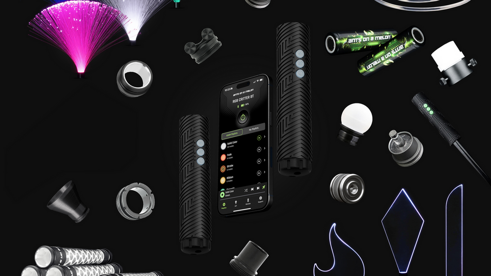 The full RGB Critter accessory ecosystem: fiber dusters, whips, tubes, blades, sabers and connectors on black