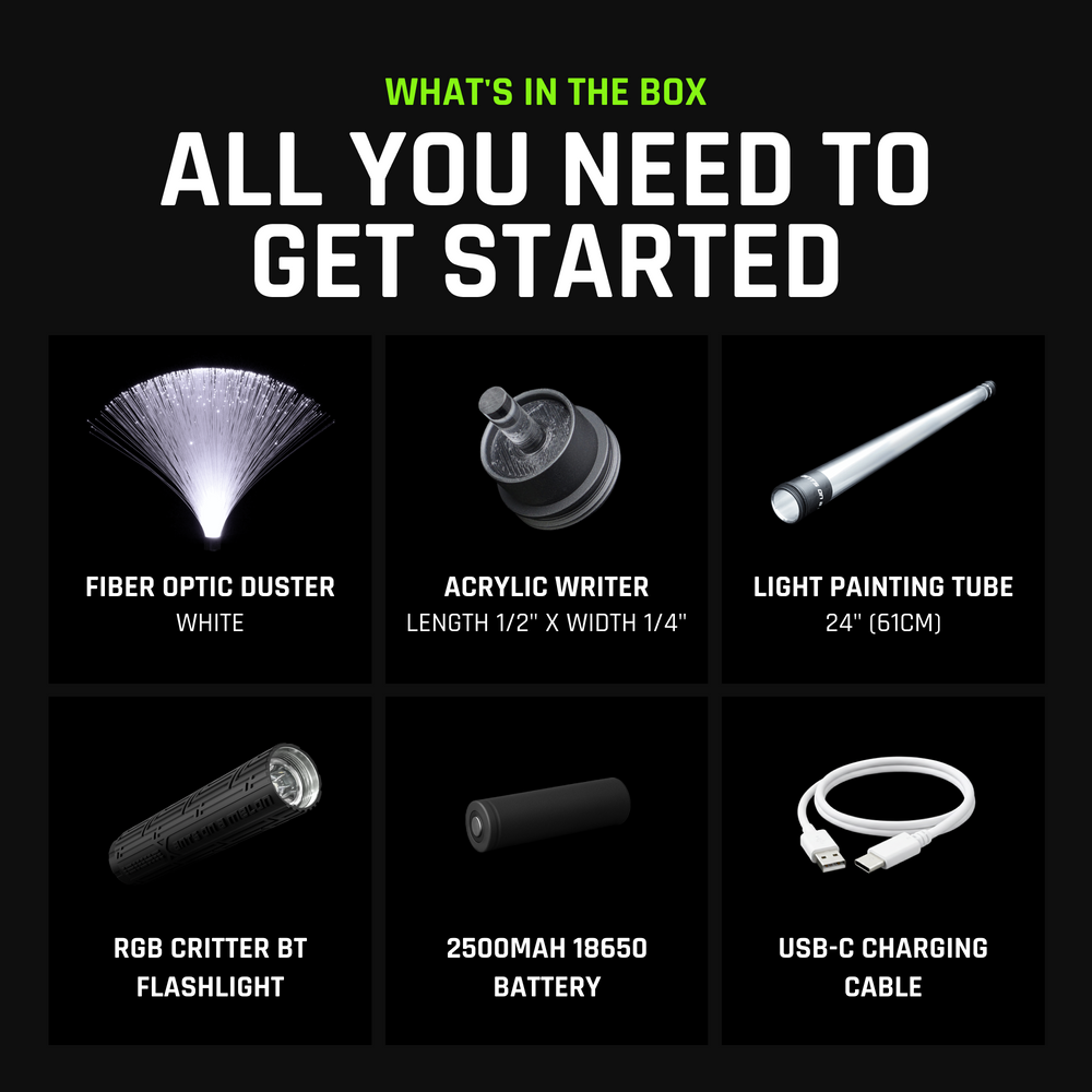 What's in the beginner light painting kit: fiber optic duster, acrylic writer, light painting tube, RGB Critter BT flashlight, battery and USB-C cable
