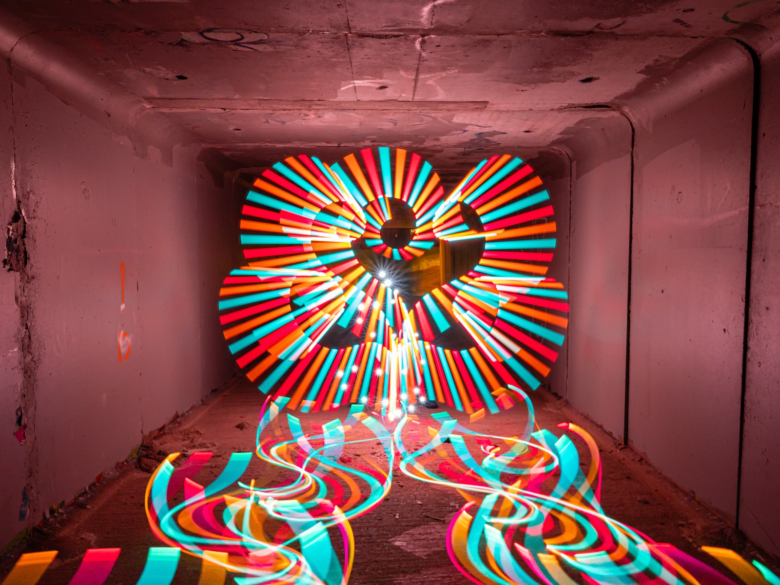 BitWhip fiber optic whip spun into a radial orb in a tunnel. Photo: Stephen Knight.